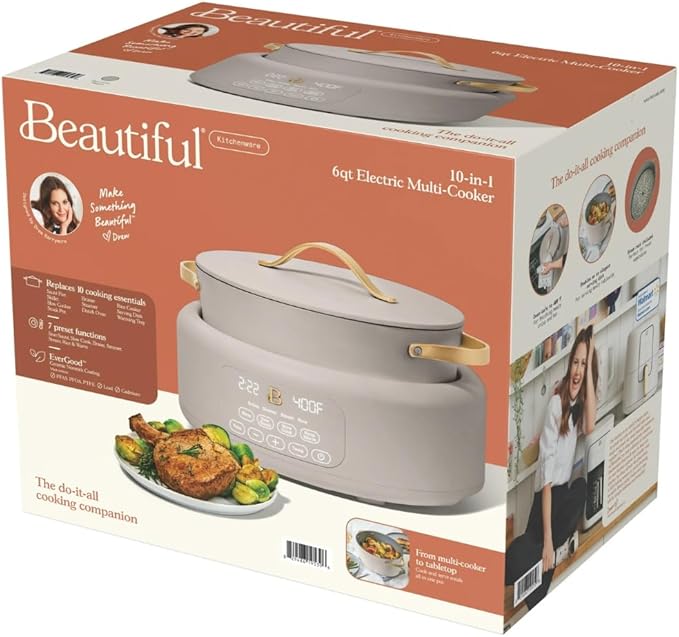 Beautiful 10-in-1 Electric Multi-Cooker by Drew Barrymore, 6-quart, digital display, 10 cooking functions, non-stick pot, easy one-touch control (Porcini Taupe)