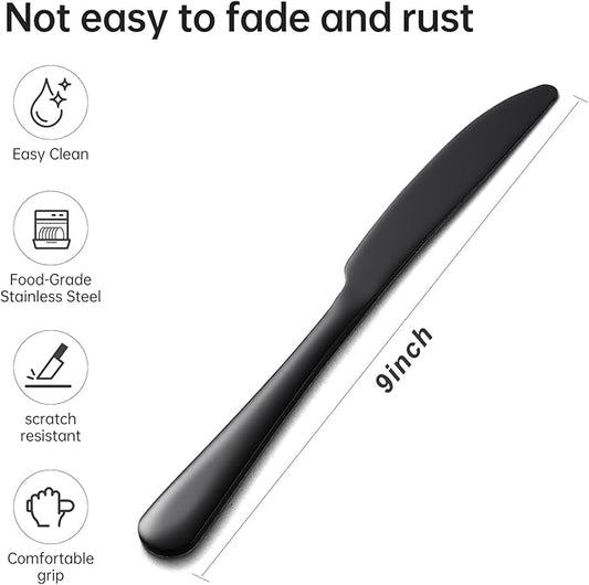 Dinner knives Food-Grade Stainless Steel butter knives set of 6 black knife 9Inch seamless easy to clean Dishwasher Safe (Black)
