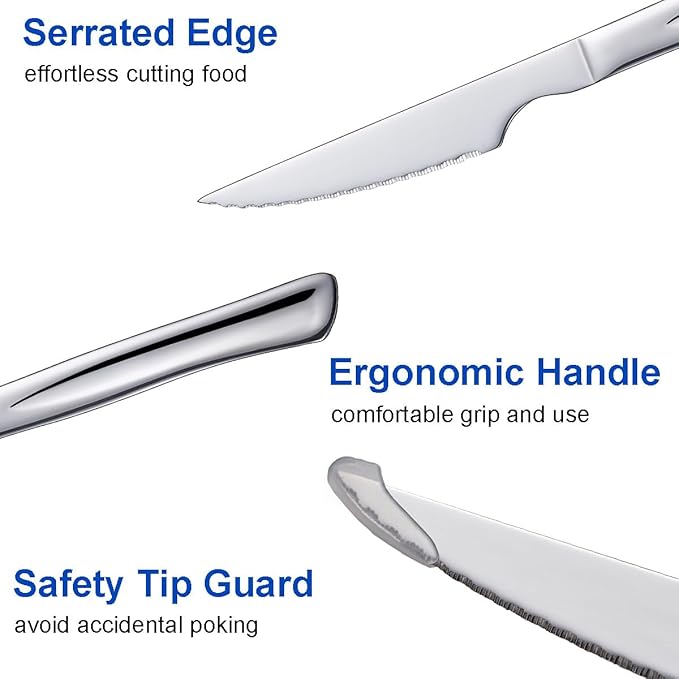 6-Piece Stainless Steel Steak Knives Set - 8.7" Serrated Edge Dinner Knives with Ergonomic Handles, Dishwasher Safe Kitchen Cutlery for Meat, Bread, Vegetables
