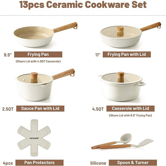 SENSARTE Ceramic Nonstick Cookware Set, Non-toxic Healthy Pots and Pans Set Ceramic Coated Kitchen Cooking Set, Free of Intentionally Added PFAS/PTFE, Dishwasher&Oven Safe Induction Compatible, 13pcs