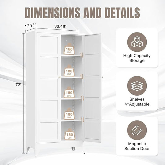 Yizosh Metal Storage Cabinet with 2 Doors and 4 Adjustable Shelves,- 72" White Kitchen Pantry Storage Cabinet for Kitchen,Living Room,Dining Room