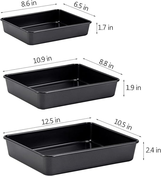 CAMOFOXIN Nonstick Roasting Pan, Deep Baking Pan Set, Large Cake Pan Sets for Oven, 3-Piece Brownie Pan (Black)