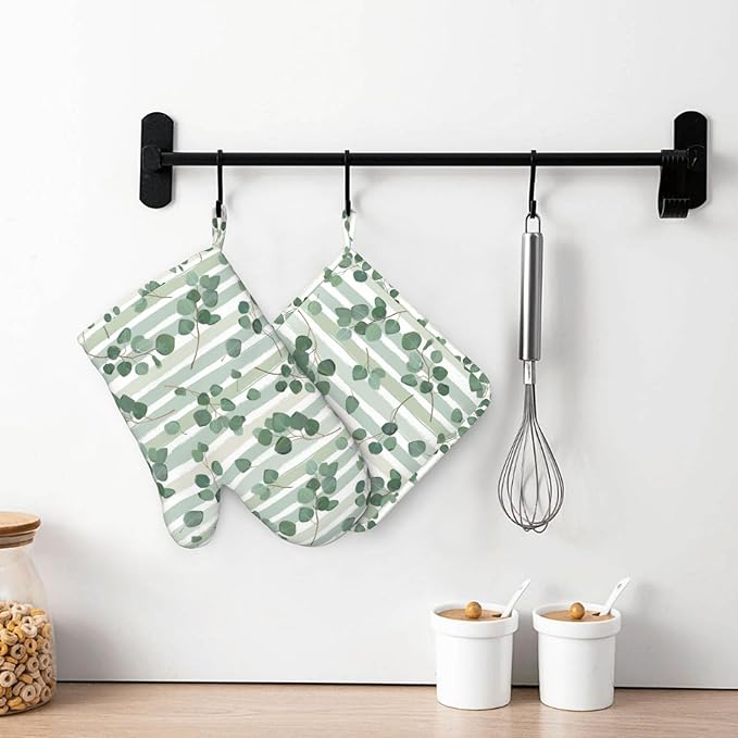 Eucalyptus Branches Silicone Oven Mitts and Pot Holders Sets Green Tropical Leaves Watercolor Kitchen Mitts Potholder Kitchen Accessories for Cooking Baking BBQ