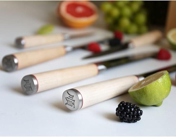 YOUSUNLONG Knife Block Sets - 5 Piece Chef Knife Set - Japanese AUS8 Steel Black Titanium - Natural Fraxinus Americana Wood Knife Holder - Canadian Maple Wood Handle - With Gift Box