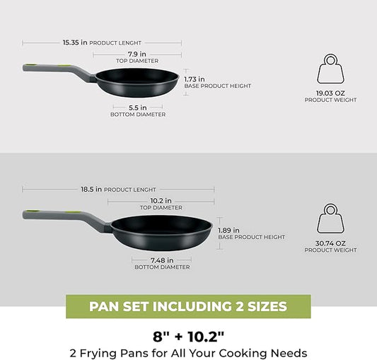 BRA COOKWARE Life 2 Ceramic Nonstick Frying Pan Set | 8+10.2 Inch Recycled Cast Aluminum Skillets | Ceramic Non-Stick Fry Pans | PFOA Free Searing Skillets | All Cooktops | Soft-Touch Handle