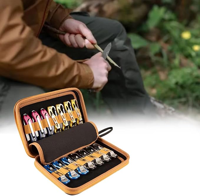 HERSENT Pocket Knife Display Case,Knife Storage Organizer,14 Slots Folding Knife Storage Case,Small Knife Collection Carrier Bag for Survival Tactical Outdoor EDC Mini Knife (Black+Brown)