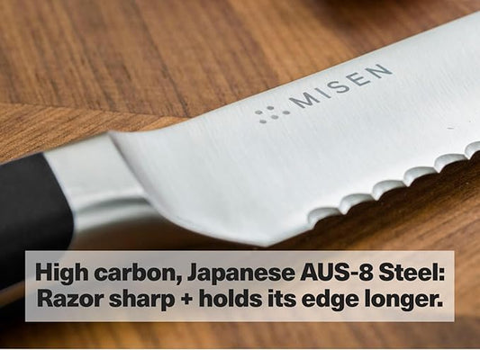 Misen Serrated Bread Knife - High-Carbon Japanese AUS8 Steel - Perfect for Soft Foods, Bread, Pastries, and Fruits - Verstatile Slicer, Razor-Sharp Edge, Durable Blade, Ergonomic Handle - 10", Blue