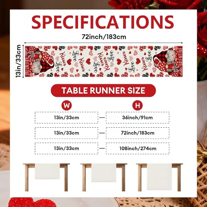 Valentine Red Buffalo Plaid Gnomes Heart Table Runner 13x120 Inch, Linen Love Wedding Anniversary Kitchen Dining Table Decoration for Home Party Holiday Indoor Decor