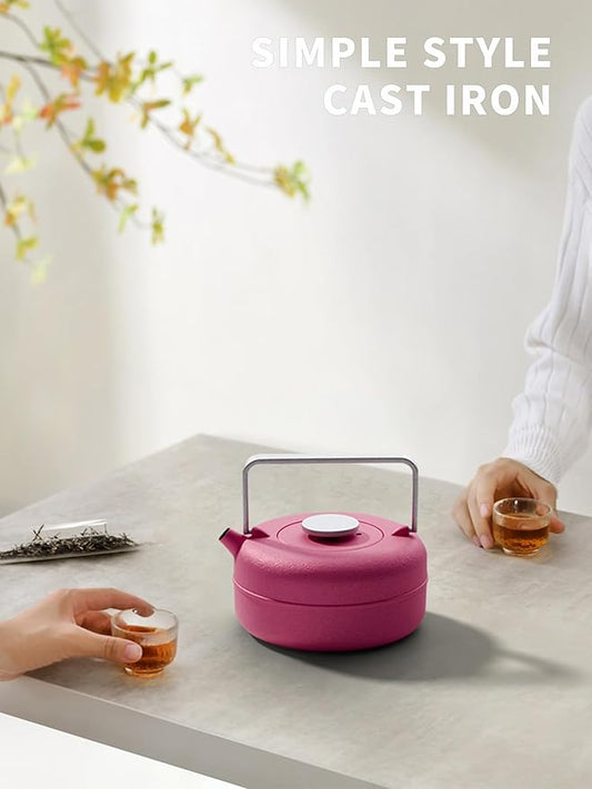 Toptier Teapot with Removable Infuser, Cast Iron Tea Kettle Stovetop Safe, Solid Geometry Cylinder Design Tea Pot Coated with Enameled Interior for 27 Ounce (800 ml), Rose Red