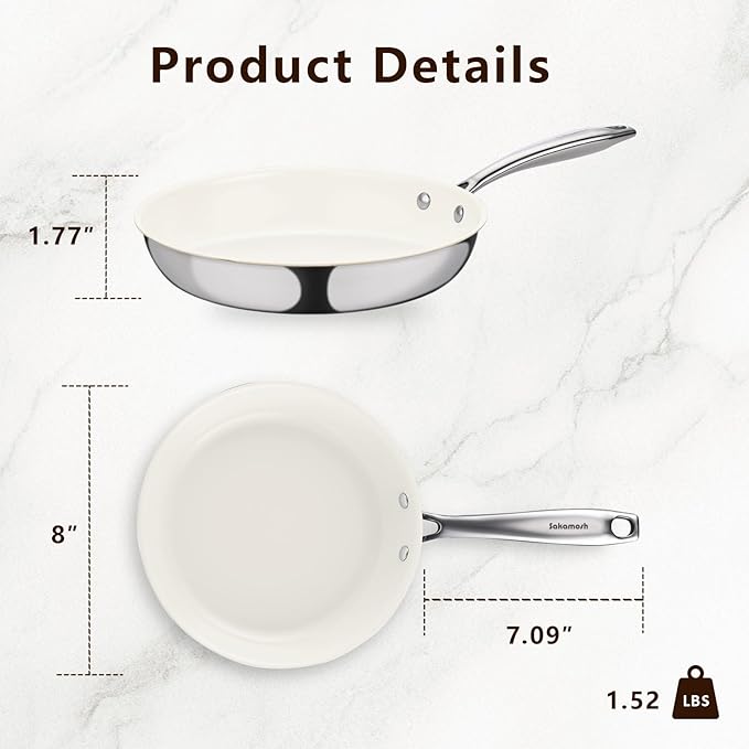 SAKAMOSH 8" Tri-Ply Stainless Steel Frying Pan, Nonstick Ceramic Pan, Skillet with Stay-Cool Handle, Non Toxic, PFAS PFOA PTFE Free, Dishwasher & Oven Safe, Induction, Compatible with All Cooktops