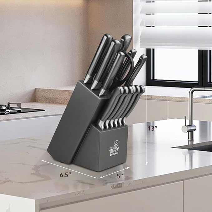 15-Piece German Kitchen Knife Set with Block - Ultra-Sharp Full-Tang Stainless Steel Blades, Built-In Sharpener, Dishwasher Safe, Ergonomic Non-Slip Handles, Christmas Elegant Gift Box, Modern Gray