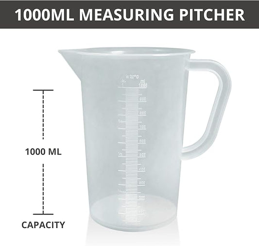 Plastic Graduated Measuring and Mixing Pitcher - 1000ml Plastic Graduated Measuring Pitcher - Large Cylinder Graduated Measuring Container with Handle and Pour Spout - 1 Liter