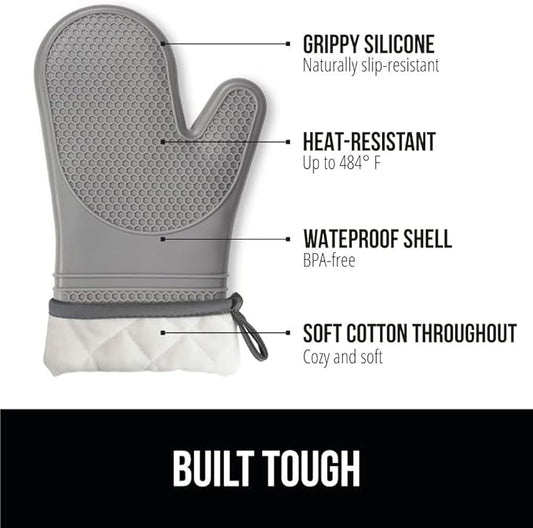 GORILLA GRIP BPA-Free Soft Silicone Oven Mitts, 14.5x8.3, Heat Resistant and Waterproof Cooking Gloves, Thick Cotton Lining, Flexible Gripping for Baking Grilling, Kitchen Potholders Set of 2, Gray