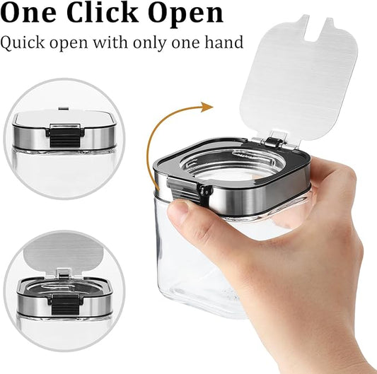 Aelga Glass Sugar Bowl with Lid and Spoon, 8.5 OZ Sugar Container Stainless Steels Flip Lid, Salt Container for Kitchen, Coffer Bar Accessories, Countertop