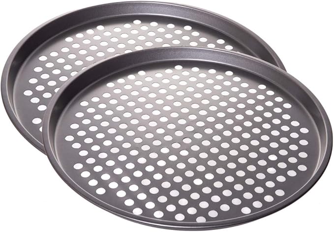 Red Co. 2 Pack 13 inch Round Non Stick Coated Carbon Steel Pizza Baking Pan Crisper with Holes