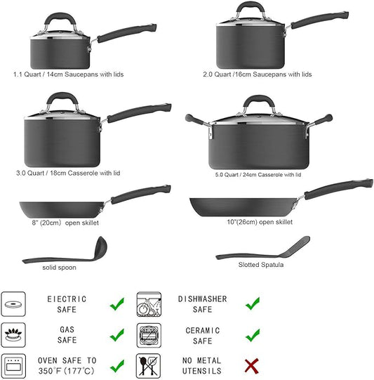 Amazon Basics Hard Anodized Non-Stick 12-Piece Cookware Set, Black - Pots, Pans and Utensils