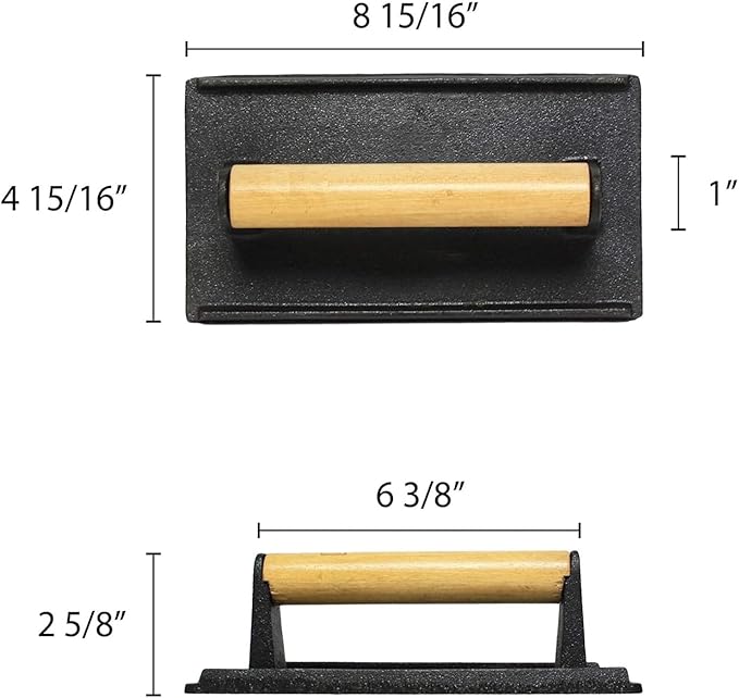TrueCraftware- 5" X 9" Cast Iron Steak Weight with Wooden Handle- Grill Press Bacon Press Meat Steak Sandwich for Griddle Grill Press Burger Press Griddle Press