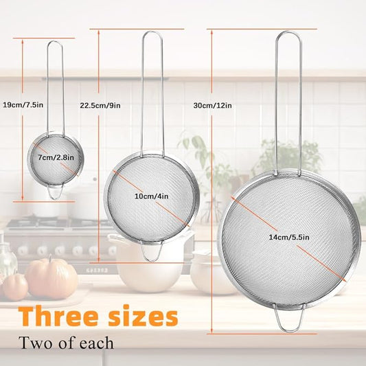CEYAZYE Fine Mesh Strainers Set, 304 Stainless Steel Colander, Sifter, Sieve with Hanging Handle Design, Suitable for Sifting, Filtering Tea, Food, Juice, Pasta, Flour in Kitchen (3 Size)