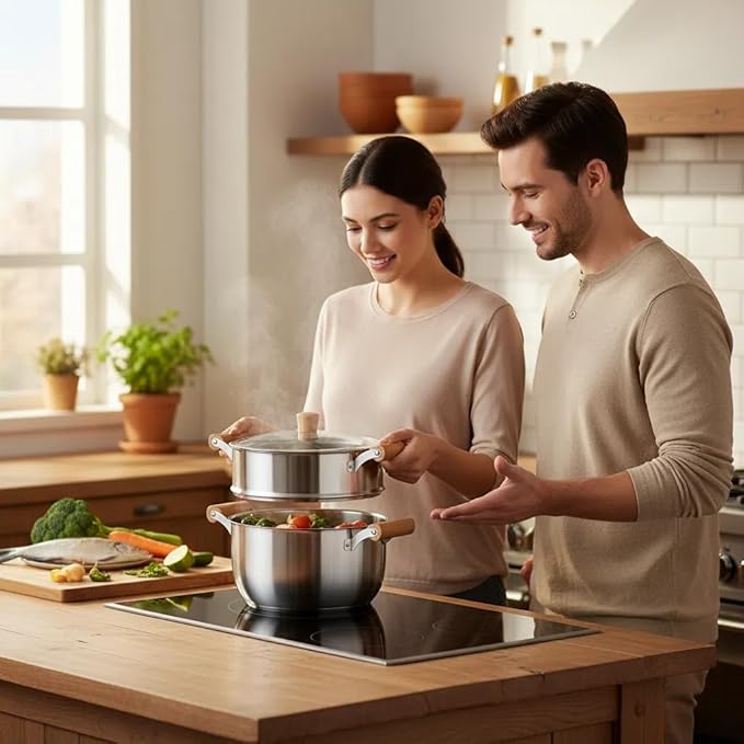 Chuleno 3.3QT Steamer for Cooking - Stainless Steel Steaming Pot with Steamer Basket for Vegetable, Dumpling, Soup, Pasta, Seafood – Induction Compatible, Transparent Glass Lid & Wooden Handle for Safe Cool Touch Cooking – As Christmas Gift for Family
