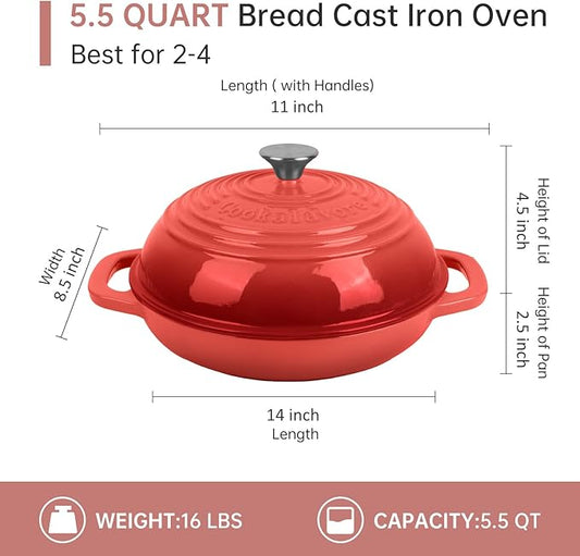 Fijxzct Premium Enameled Cast Iron Dutch Oven for Bread Baking | Non-Stick 5QT Oval Bread Oven with Lid | Perfect for Sourdough, Loaf, and Artisan Baking (Round Red, 5 QT)