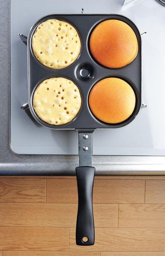 Shimomura Planning 37547 Fried Egg Pancake Frying Pan, Made in Japan, For Direct Fire, 3.1 inches (8 cm), Dividers, 4 Holes, Round Shape, Easy Baking, Large Grill, Imagawa-yaki, Breakfast, Pastry