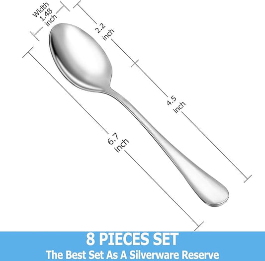 8 Pcs Teaspoons Set, Food Grade Stainless Steel Tea Spoons, Durable Small Spoons, Metal Dessert Spoon, Spoon Silverware for Home, Kitchen or Restaurant, Mirror Polished & Dishwasher Safe, 6.7-Inch