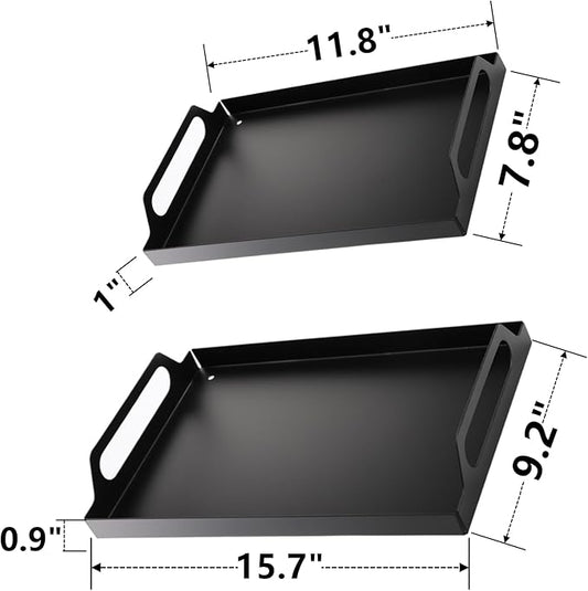 Peohud 2 Pack Black Metal Serving Tray, Decorative Coffee Table Tray with Handles, Vanity Platter Breakfast Tray for Eating, Storing, Bedroom, Kitchen, Living Room, Bathroom