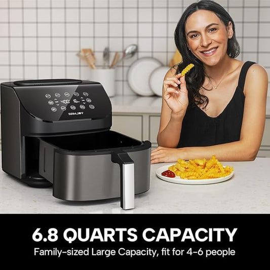RAMJOY Air Fryer 6.8 Quarts, 10-in-1 Functions, Air Fry, Roast, Bake, Broil, Dehydrate, Large & Compact Air Fryers, Nonstick & Dishwasher-Safe Airfryer Basket, Stainless Steel Air Fryer, Metal Grey