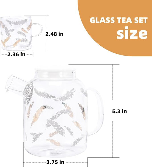QUANSHNAGJU 5 Piece Glass Tea Pot Set, Golden Maple Leaf Pattern Glass Teapot 25.4oz 750ml With 4 Cups 5.4oz 160ml Stovetop Safe Teapot For Loose Leaf Tea, Perfct As Tea Gift Sets.