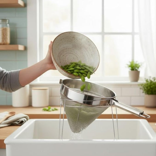 Soro Essentials- 10" Stainless Steel China Cap Strainer Coarse Mesh- Cone Shaped Strainer Food Strainers Juice Strainers Kitchen Tools Food for Straining Seeds Beans Sauces Home Kitchen