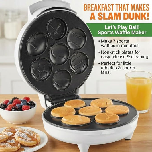 Sports Waffle Maker- Make Breakfast a Slam Dunk- Bakes 7 Themed Pancakes Including Football, Baseball, Basketball, Soccer, Tennis & More- Electric Nonstick Waffler with Recipe Guide- Kids Morning Fun