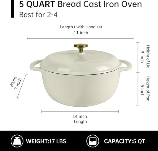 Fijxzct Premium Enameled Cast Iron Dutch Oven for Bread Baking | Non-Stick 5.5QT Oval Bread Oven with Lid | Perfect for Sourdough, Loaf, and Artisan Baking (Round Cream, 5.5 QT)