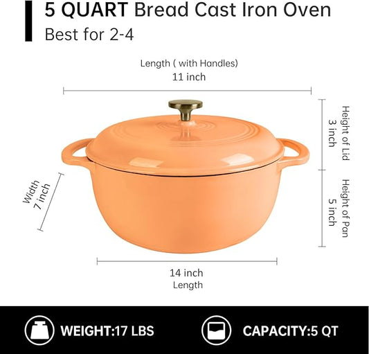 Fijxzct Premium Enameled Cast Iron Dutch Oven for Bread Baking | Non-Stick 5.5QT Oval Bread Oven with Lid | Perfect for Sourdough, Loaf, and Artisan Baking (Round Orange, 5.5 QT)