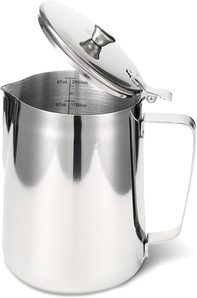 Stainless Steel Pitcher with Lid, 67 oz/2000 ml Large Capacity 304 Stainless Steel Water Pitcher with Scales, V Spout Latte Art Pitcher for Espresso Machines, Latte Art, Iced Tea, Hot Water