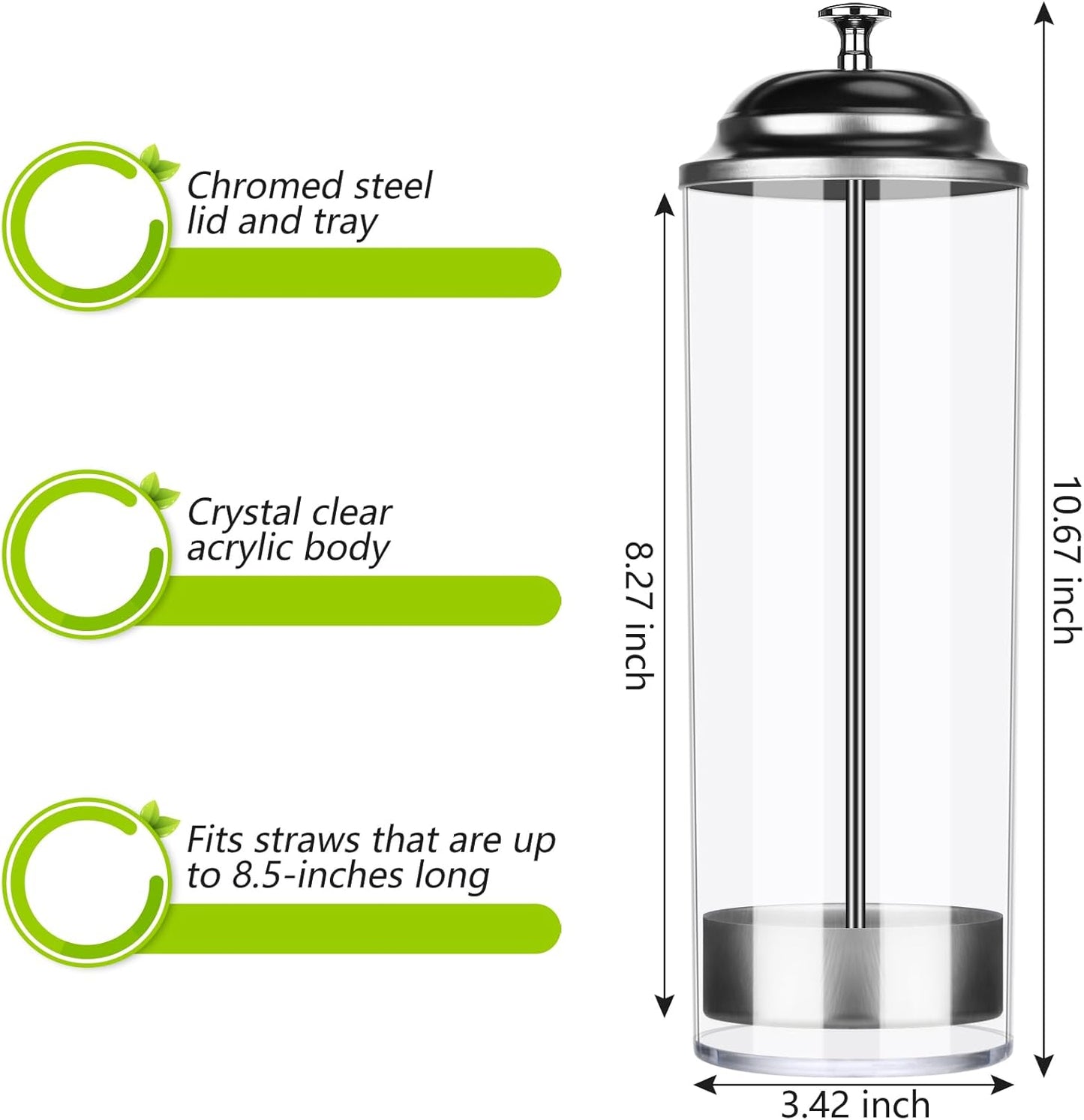 Patelai 10.6 Inch Clear Plastic Straw Dispenser and 100 Pcs Drinking Straw Organizer Container with Stainless Steel Lid Transparent Drinking Holder(Classic,Transparent)