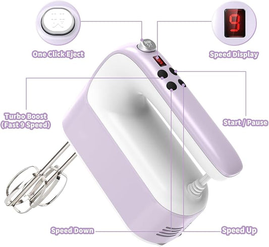 Yomelo 9-Speed Digital Hand Mixer Electric, 400W Powerful DC Motor, Hand Mixer Electric Handheld with Snap-On Storage Case, 5 Stainless Steel Accessories, Beaters, Dough Hooks, Whisk(Lilac Purple)