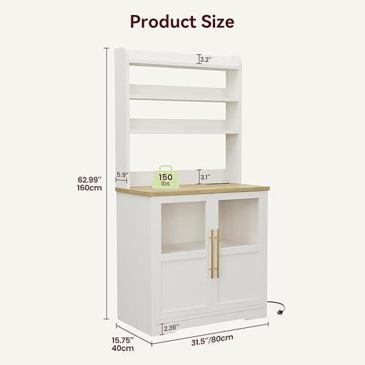 Garvee Farmhouse Bakers Rack with Glass Door, Microwave Stand with Power Outlets, Kitchen Hutch Pantry Cabinet, Kitchen Coffee Bar Cabinet for Spices, Dishes, and Pots, White