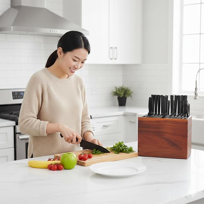 XXL Detachable Universal Knife Block for 28+ Knives, Acacia Wood Holder with Unique Easy-Clean Slots, Hygienic Countertop Storage, Dual Slots for Scissors & Sharpening Rod