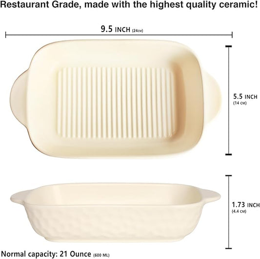 Rectangular Porcelain Baking Dish Set,Au Gratin Dishes,Casserole Dish, Ramekins 21 oz Bakeware Set of 2,Lasagna Pans for Cooking,Cake Dinner,Kitchen, Carry Handles 9.5" x 5.5" (Beige