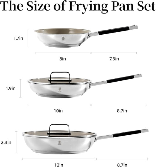 ROYDX Stainless Steel Fry Pan Set Titanium Ceramic Non Stick Frying Pan with Lid 8", 10" and 12" Oil Gather Pro Non Stick Skillets with Stay-Cool Handle PFOA Free, Compatible with All Cooktops
