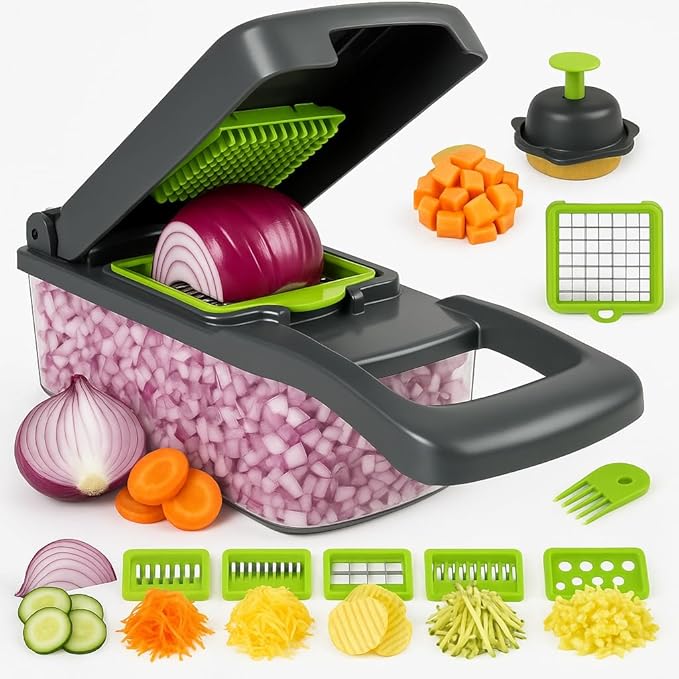 16‑in‑1 Multifunctional Vegetable Chopper & Slicer, BPA‑Free Container, 8 Stainless Blades – Dice, Slice, Julienne, Grate & Spiralize Kitchen Tool for Meal Pre (Gray)
