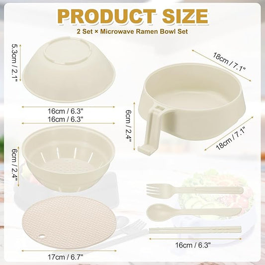 uxcell 2 Sets Microwave Ramen Bowl Set, Wheat Fiber Noodle Bowls Plastic Cooker with Lid Handle Fork Spoon Chopsticks for College Dorm Room Apartment, (Beige)