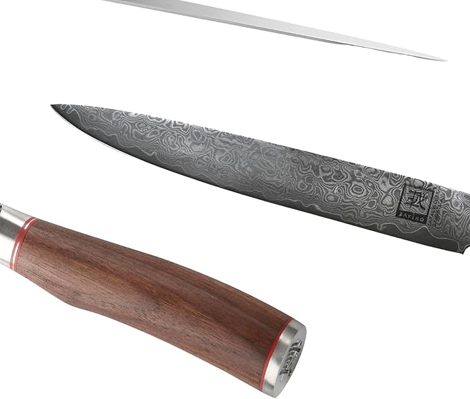 zayiko Carving Knife – 8-Inch Damascus Chef Knife | 67 Layers Steel with VG10 Core | Ergonomic Walnut Wood Handle | Professional Meat and Kitchen Knife in Gift Box