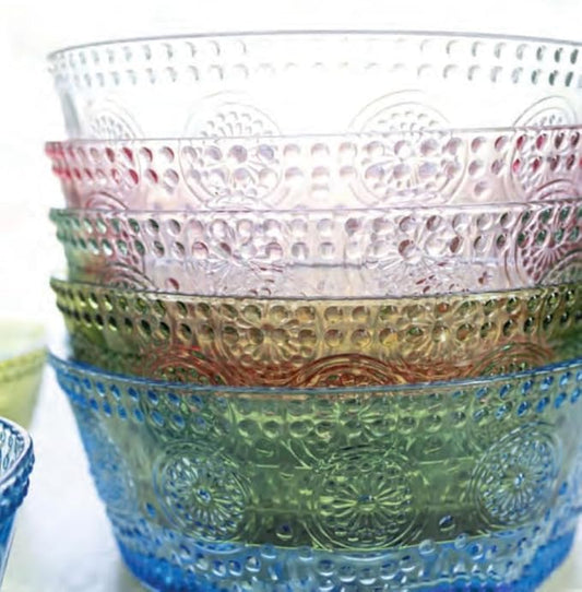 Boston International Vintage-Inspired Glass Serving Bowl with Embossed Floral Pattern for Salad Snacks Dinner, Small 4.75" x 2.25", Clear Codi