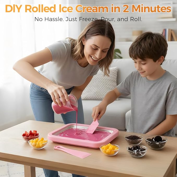 At-Home Rolled Ice Cream Maker Kit - DIY Family Activity with 2 Scrapers, Ideal for Yogurt, Sorbet & Frozen Treats (Pink)