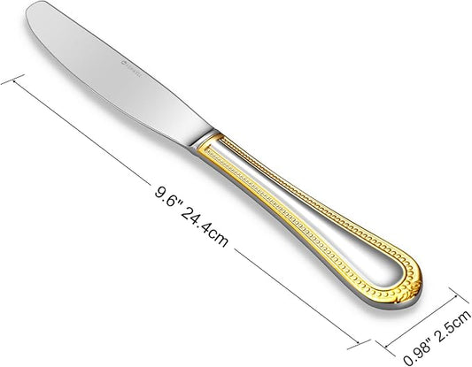 KEAWELL Pearl Edge 4-Piece Premium Dinner Knives: Stainless Steel Table Knives with a Refined Bead Design, Brightly Polished, 9.6 Inches, Dishwasher Safe. (Gold Accent)