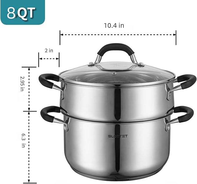 SLOTTET Stainless Steel 8 Quart Stock Pot with Steamer,8 Qt Deep Soup Pot for cooking,Multipurpose Stockpot with silicone Stay-cool Handle.