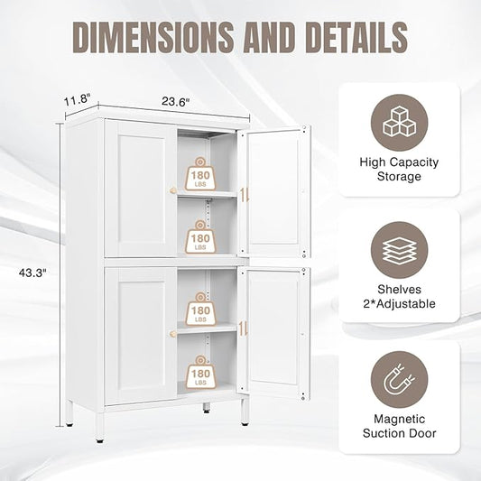 Yizosh Metal Pantry Cabinet,Tall Kitchen Pantry Storage Cabinet with 4 Doors and 2 Adjustable Shelves - 43" White Cupboard Cabinet for Kitchen,Living Room,Dining Room,Home