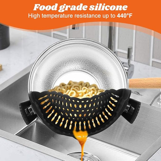 Clip on Strainer with Scraper,Silicone Strainer for Pots and Pans Adjustable Pasta Colander for Meat Vegetables Fruit Universal Fit For All Utensils(COLOR:black)