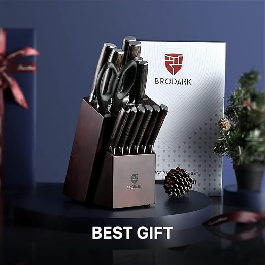 Knife Block Set: Ultra Sharp Kitchen Knife Set with Block and Sharpener, 15 Piecs Full Tang German Stainless Steel Professional Knife Set with Ergonomic Handle, Christmas Gift